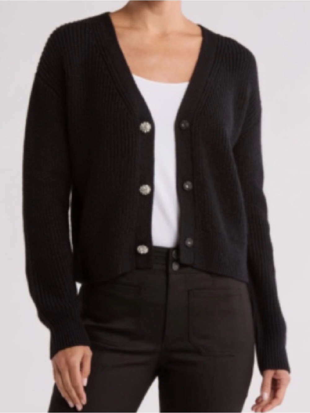 Cinq à Sept Palmer Rhinestone Button Cardigan, Black, size M